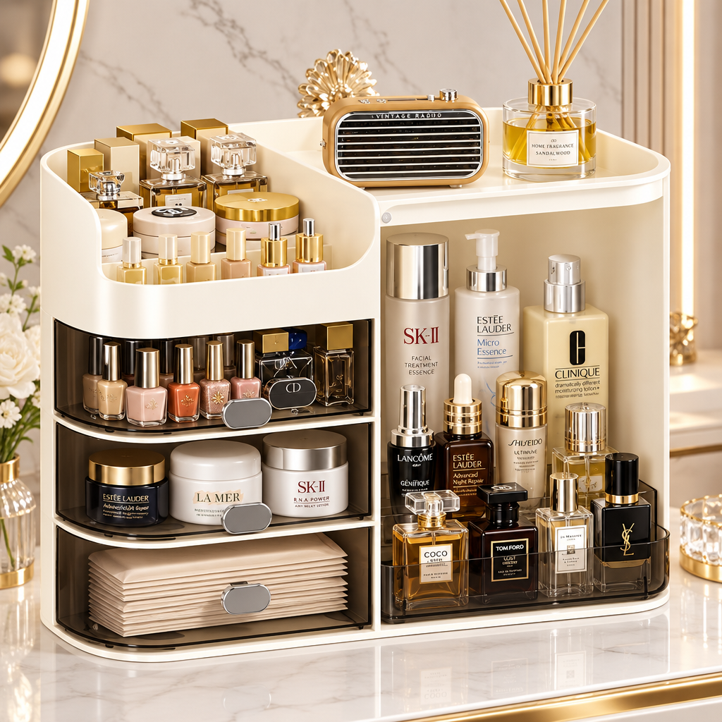 Beige Cosmetic Storage Box High Capacity Dustproof Makeup Organizer with Multi Drawers & Brush Holder for Desktop Dresser Home