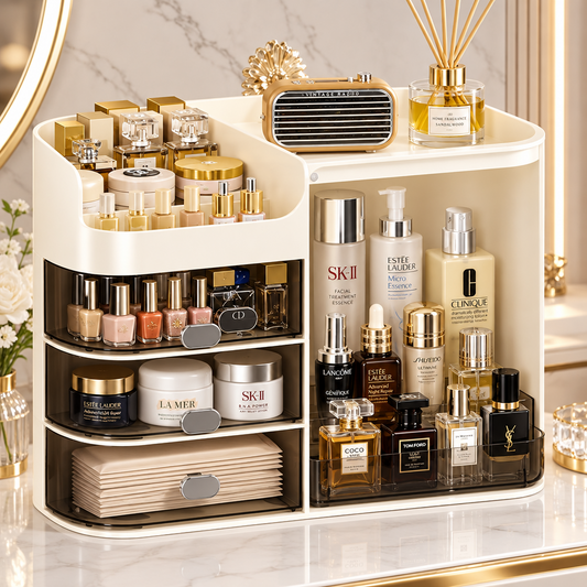 Beige Cosmetic Storage Box High Capacity Dustproof Makeup Organizer with Multi Drawers & Brush Holder for Desktop Dresser Home